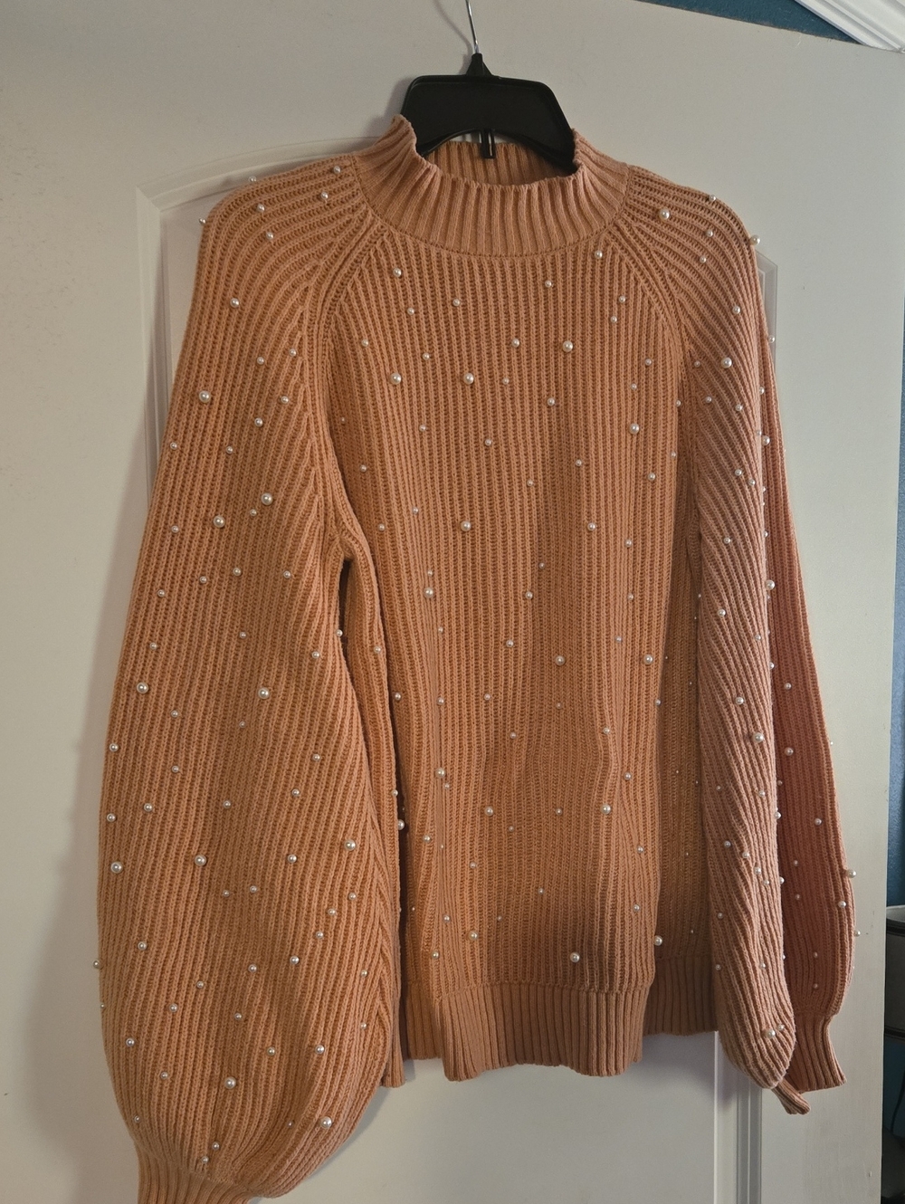 Women's Pearl-Embellished Creamy Pink Turtleneck Sweater